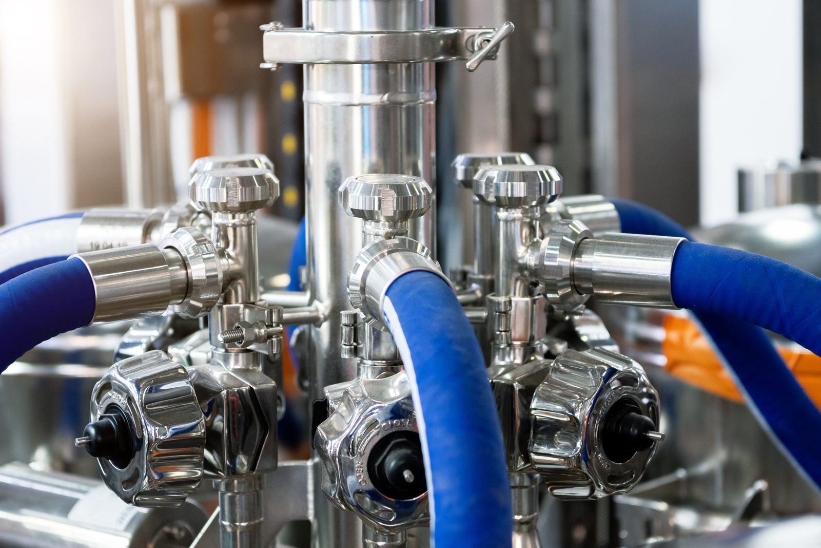 Hygienic stainless steel distribution manifold with diaphragm valves and flexible process hoses